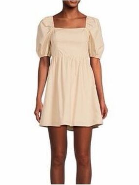 Copper Key Beige Puff-Sleeve Square-Neck Mini Dress